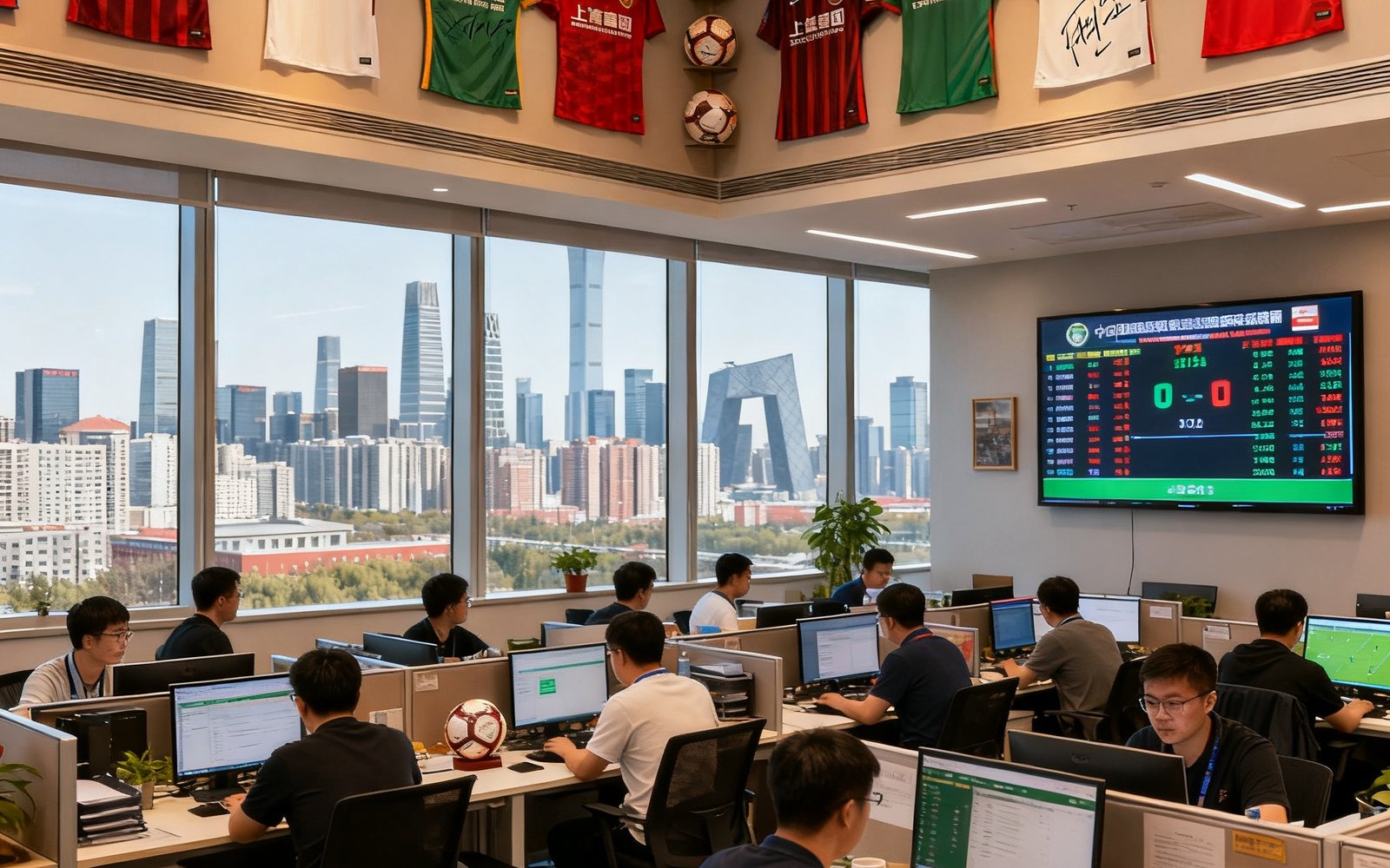 中国足球网北京办公室内景，开放式工位区域约40名员工正在专注工作，墙上挂满各中超球队球衣和签名足球，窗外可见北京CBD天际线，数据大屏实时滚动比分